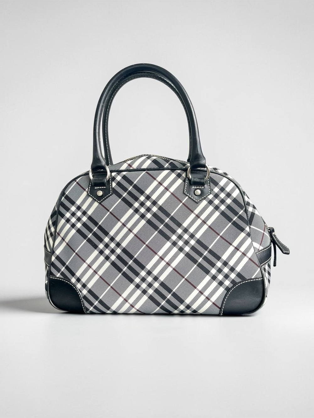 Burberry Nova Check Plaid Bowler Handbag Black Leather